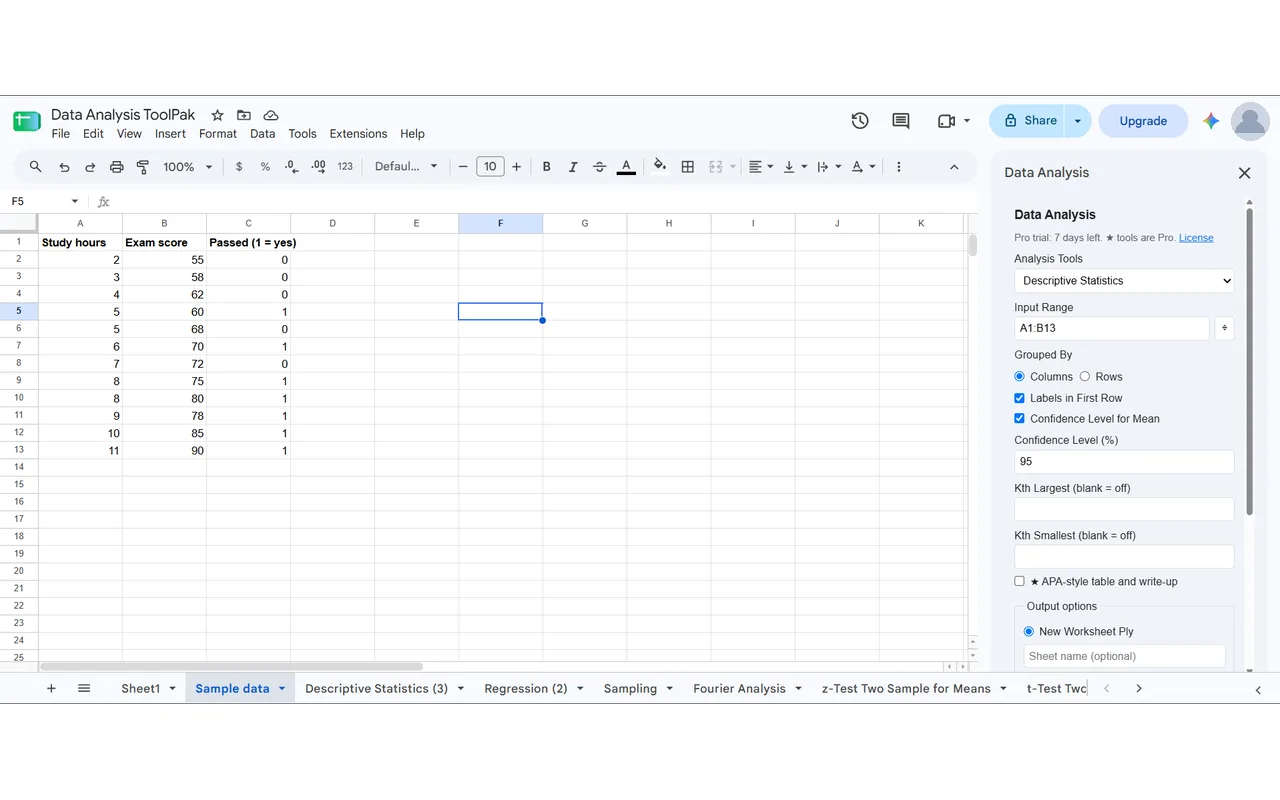 Data Analysis ToolPak — inside Google Sheets